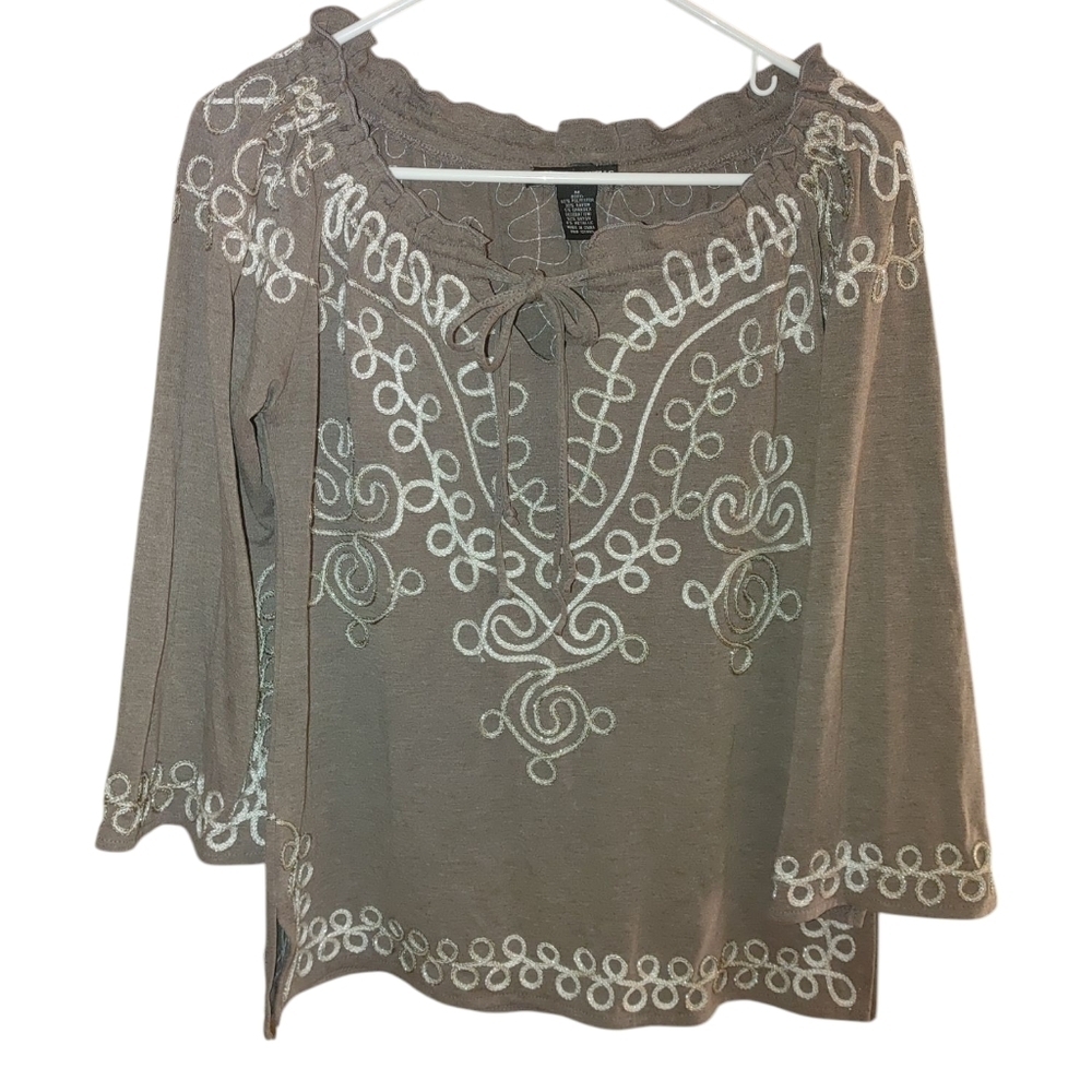 Lauren Michelle Women's Embroidered Brown Top W/bell Sleeve, Size M - Picture 2 of 7